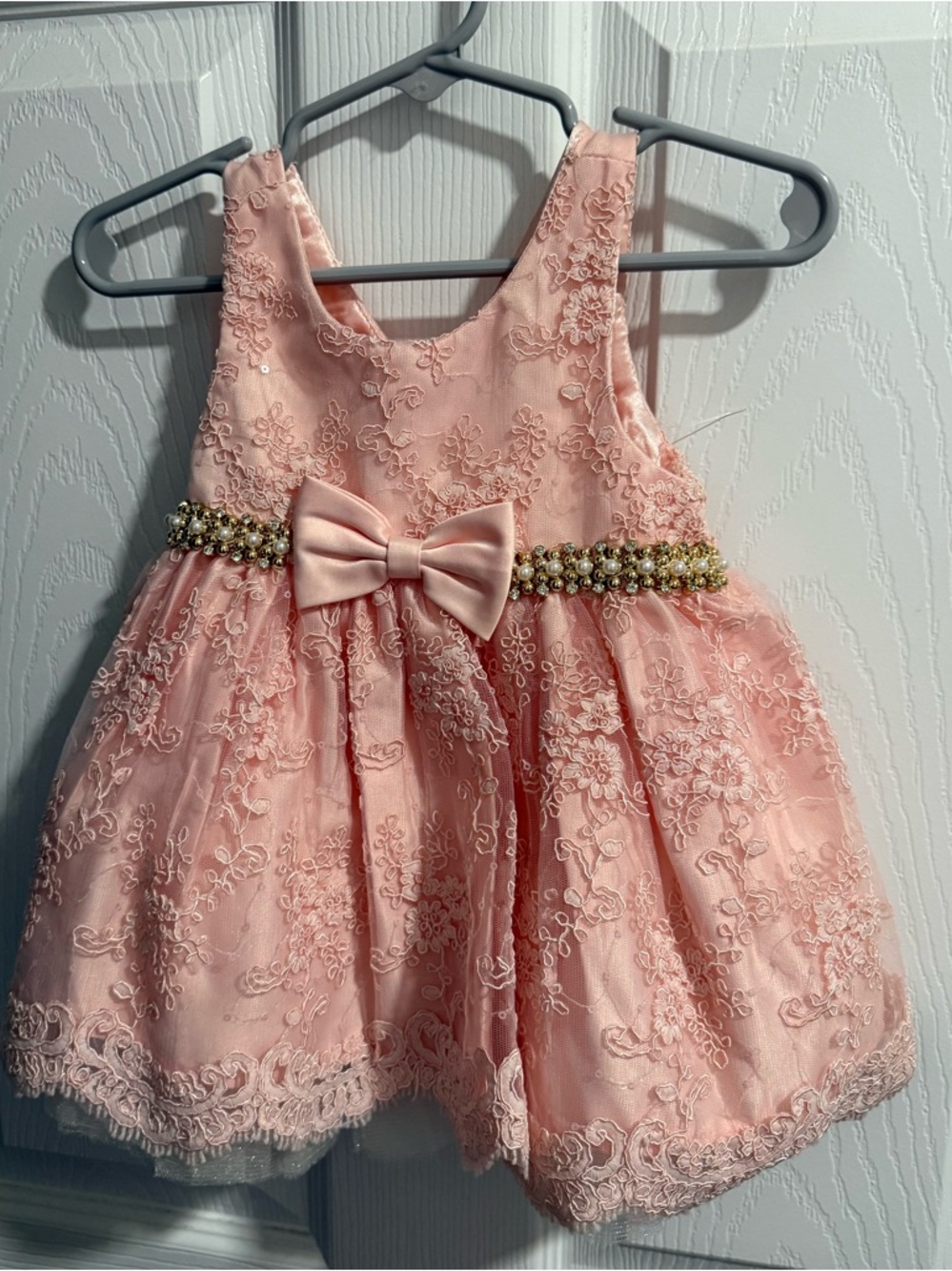 American Princess Pink Lace Bow Flower Girl Dress with Gold Beaded Waist